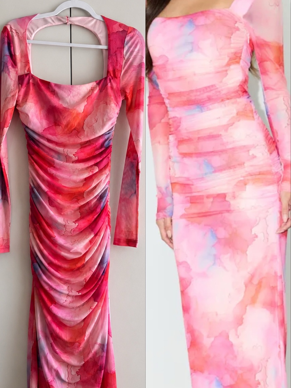 Lulu's Pink Watercolor Ruched Long Sleeve Dress